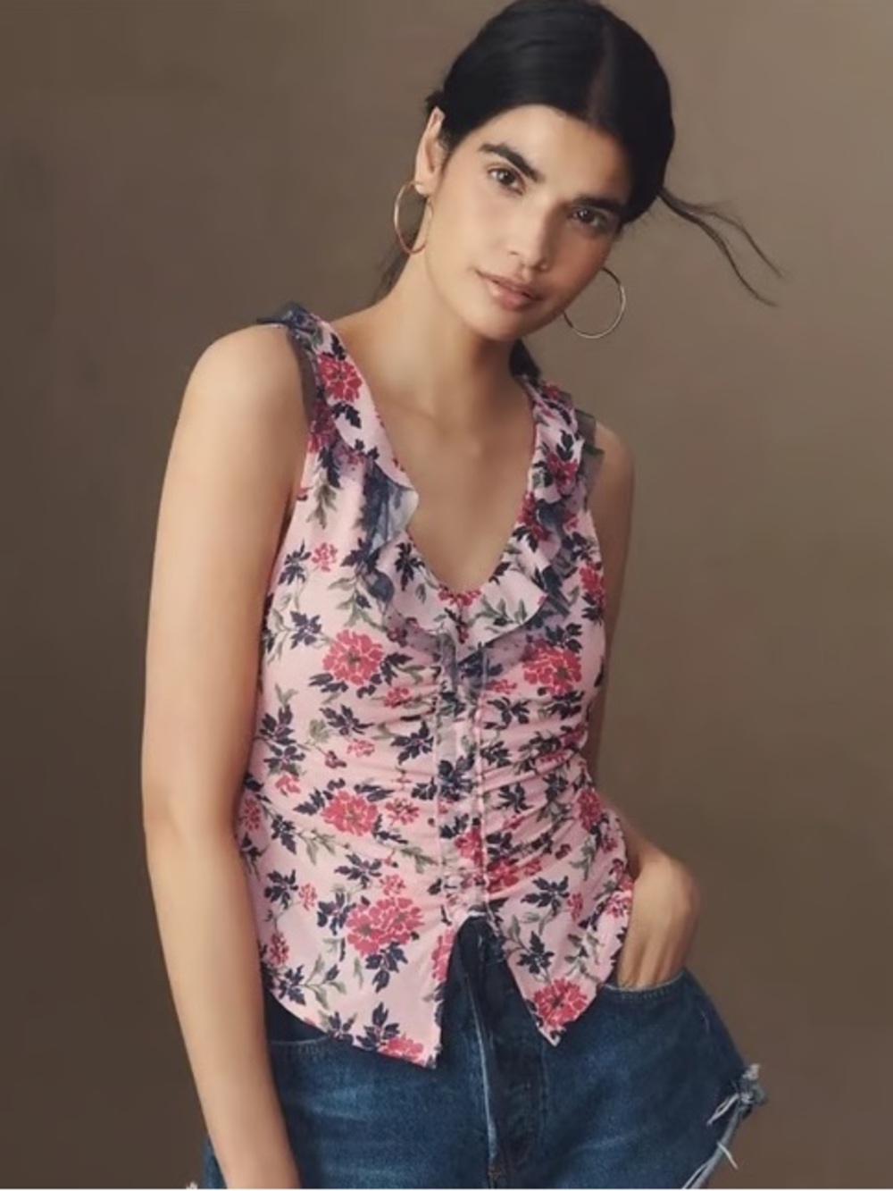 NWT Anthropologie Maeve Tie-Front Ruffle Sleeveless Top Womens XL Pink Floral